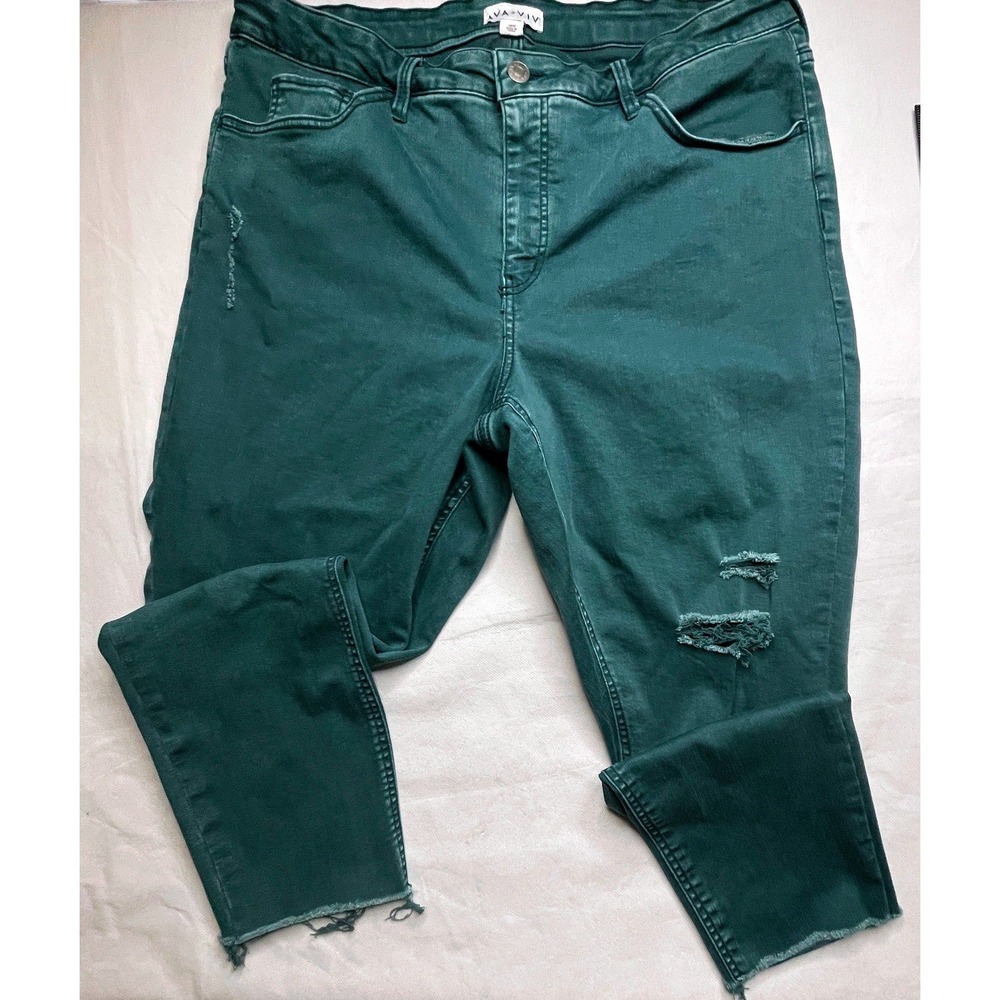 Ava & Viv Skinny Jeans Womens 18W Green Excellent Distressed High Rise‎ Raw Hem